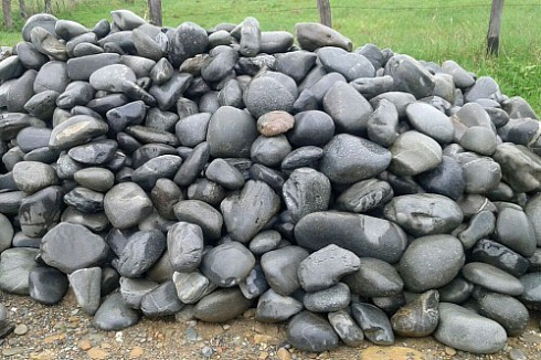 Kamenclub.ru: Темно-серый валунчик фр.100-300 мм.  купить в Саратове крупный природный камень серый, темно-серый, светло-серый речная галька большого размера окатанная 4500 руб/т   фото КАМЕНЬ КЛУБ