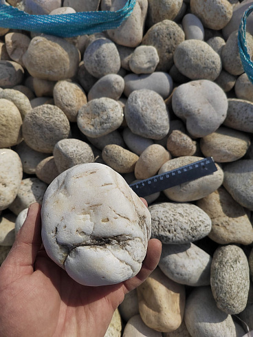 Kamenclub.ru: Галька речная окат (серо-белая) фр. 70-120 мм купить  в Саратове галька галечник бело-серая, серо-белая, серая, белая речная природная галька  8000 руб/т   фото КАМЕНЬ КЛУБ