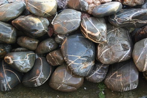 Kamenclub.ru: Валунчик Паутинник фр.100-300 мм  купить в Саратове крупный природный камень галечник темно-серый с прожилками белый черный речной валунчик 5000 руб/т   фото КАМЕНЬ КЛУБ